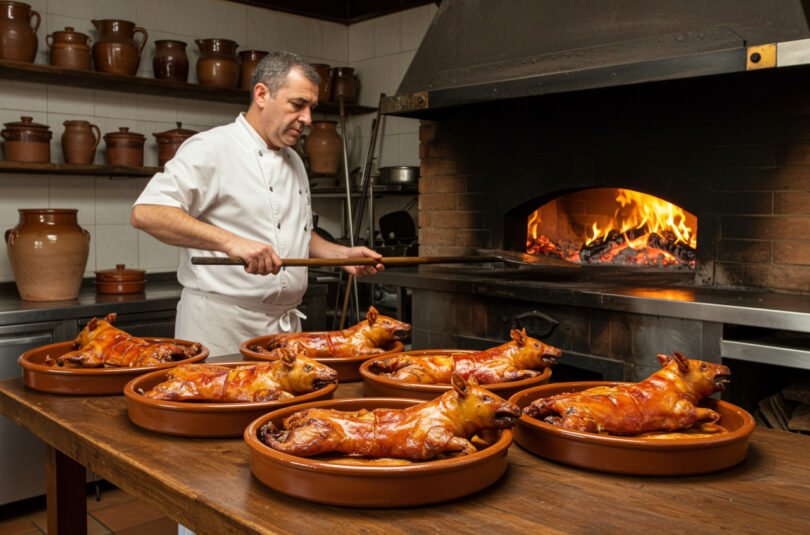 Lechazo asado en horno de leña durante los encuentros gastronómicos de Castilla y León